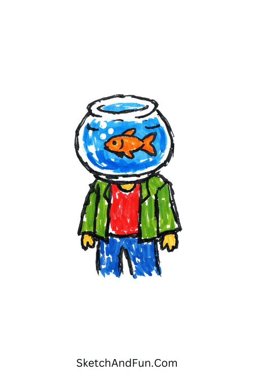 Fishbowl helmet with goldfish floating inside, creative posca marker art for sketchbook
