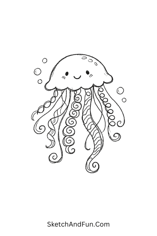 Jellyfish with spiral tentacles and wave details, Zentangle art ideas