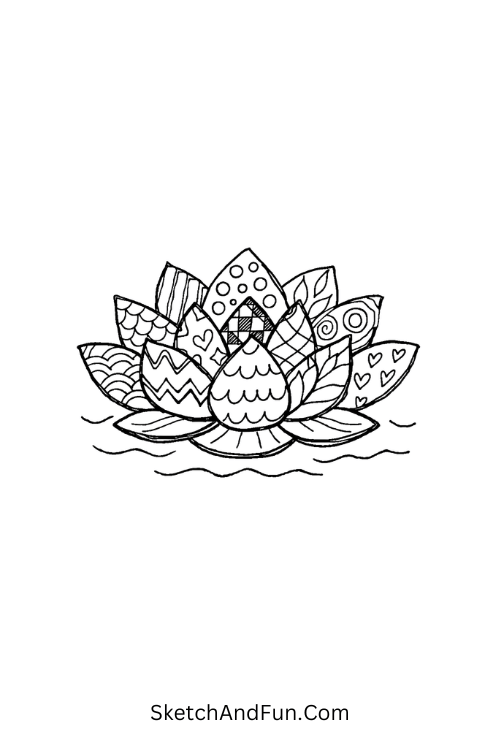 Lotus flower with layered textured petals, Printable Zentangle patterns