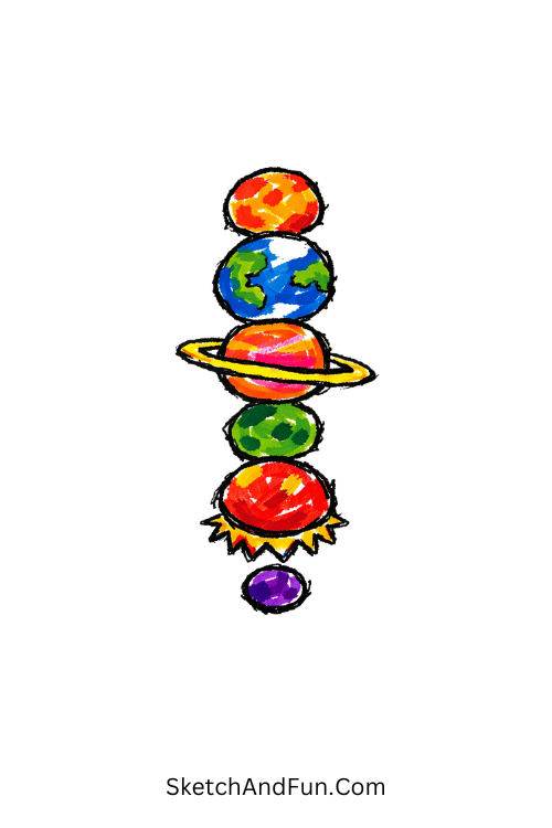 Stack of tiny planets with rings and space colors in a clean vertical design, Acrylic marker drawing prompts for creative practice