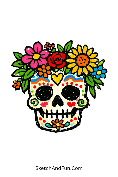 Skull filled with blooming flowers and leaf patterns, Posca marker artwork
