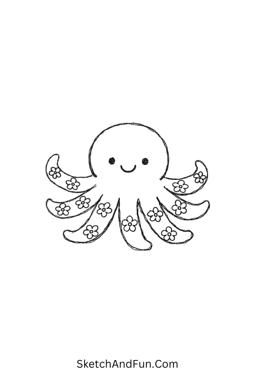Octopus with floral patterned tentacles and cute style, funky pattern drawing ideas