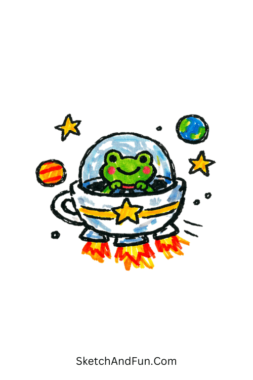 Frog flying a teacup spaceship in space, cute posca pen drawing ideas step by step