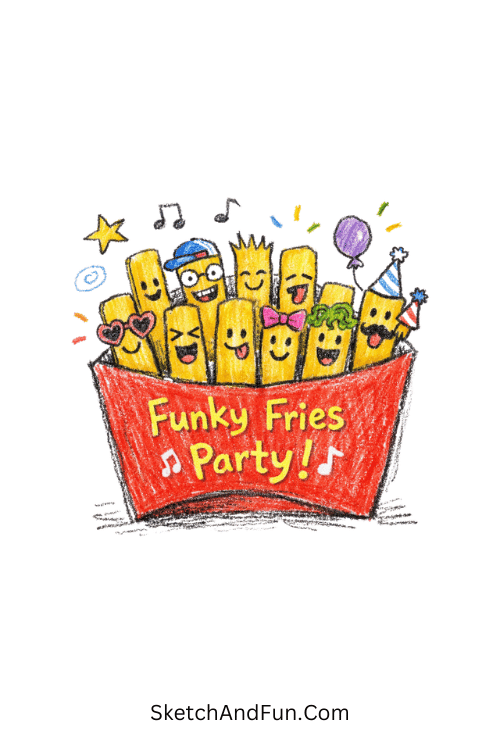 A funny fries carton with expressive fries and silly faces, creative funky drawings