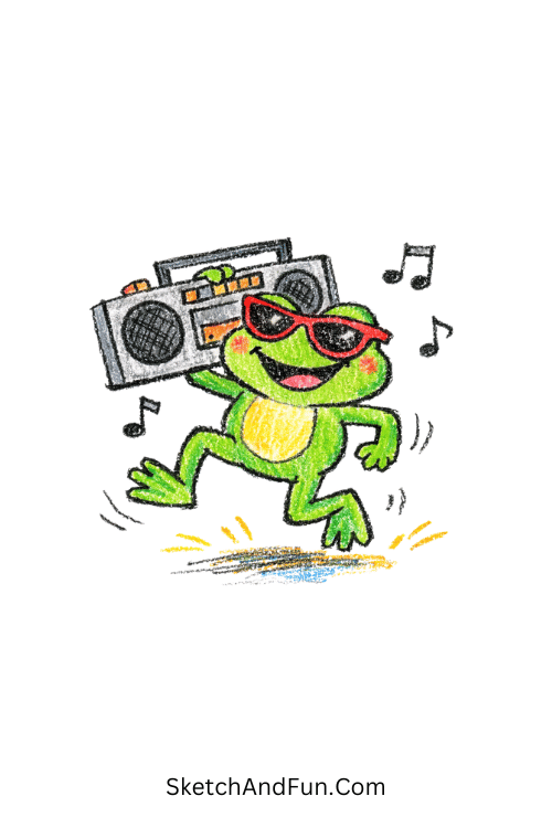 A frog carrying a boombox while hopping with music energy, funky art ideas