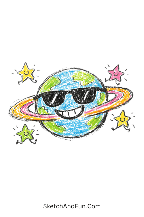 A smiling planet with sunglasses and orbiting stars design, funky pattern drawing