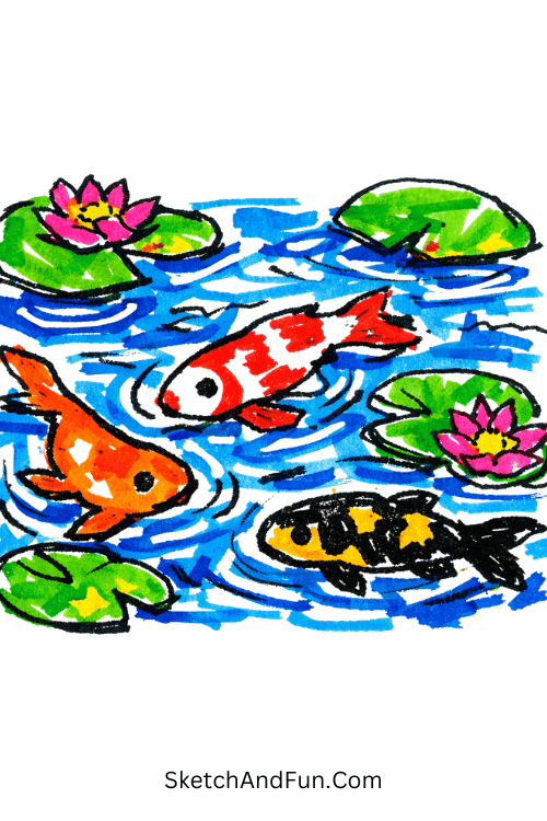Colorful koi fish swimming in peaceful pond with lilies, acrylic marker painting ideas