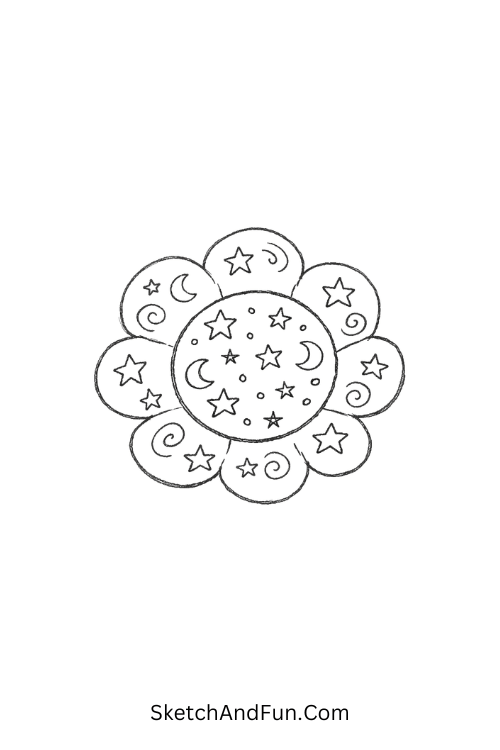 Cosmic flower with stars, dots and swirling space patterns, Printable zentangle flower patterns free