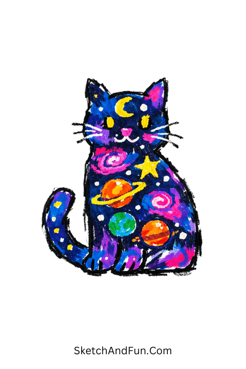 Cosmic cat filled with stars and glowing space textures, acrylic marker galaxy drawing