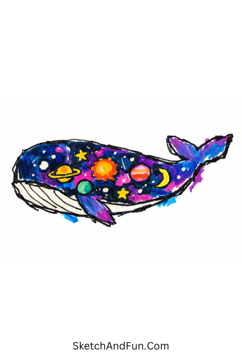 Whale floating through stars and planets in a dreamy space sky, marker illustration ideas for sketchbook