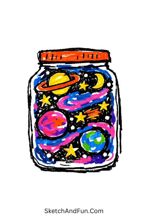 Galaxy in a jar filled with stars and nebula colors, aesthetic Posca drawings