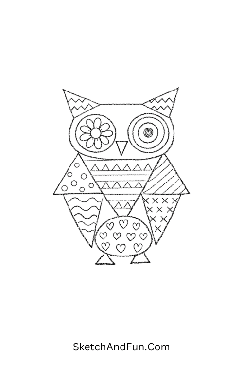 Geometric owl with circles and patterned shapes, Easy Zentangle drawings