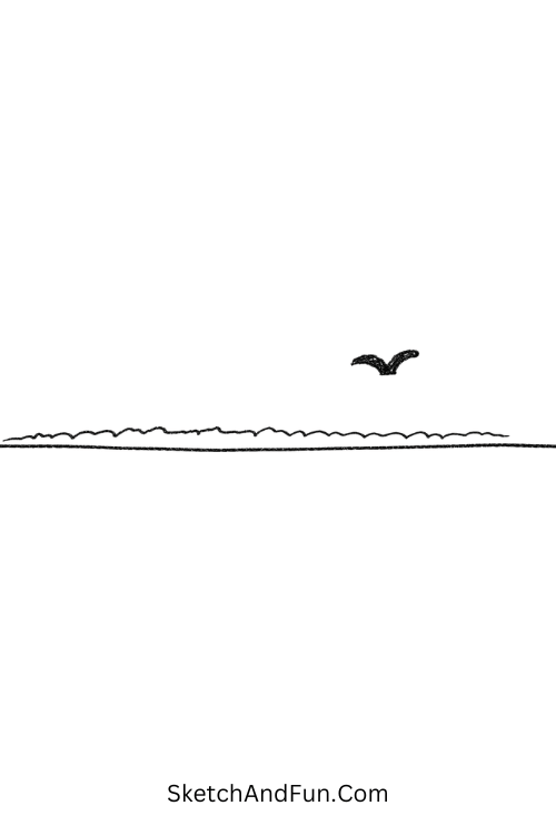 Orange sunset horizon with flying bird, August aesthetic drawings