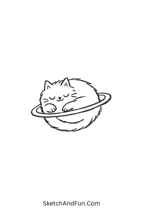 Cat curled as planet with rings and soft aesthetic style, aesthetic funky drawing ideas