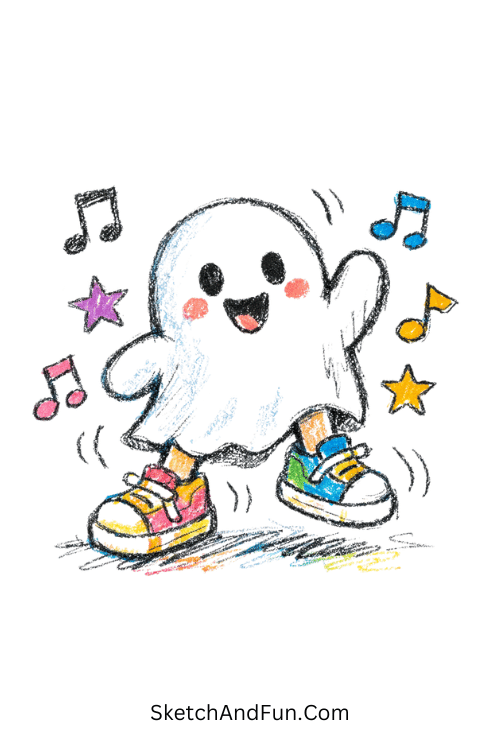 A dancing ghost with sneakers and floating music notes, funky doodle art