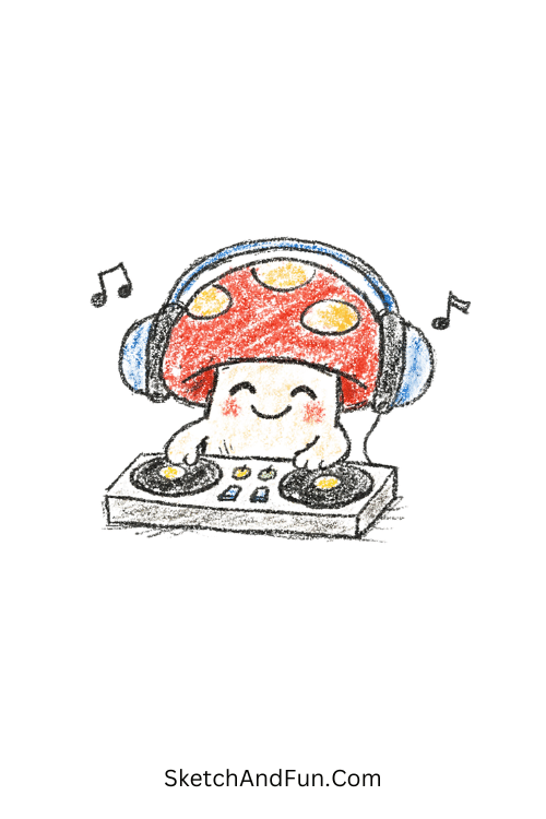 A mushroom DJ with headphones and turntable in a fun music scene, funky character design
