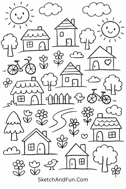 Tiny houses, trees, clouds, bicycles, and suns in a peaceful neighborhood doodle page, full page doodle patterns easy
