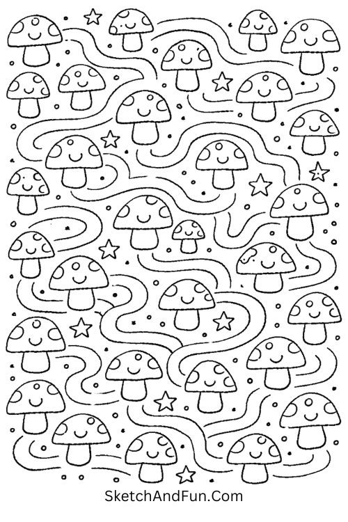 Tiny smiling mushrooms in a winding maze with sparkles and dots, repetitive doodle pattern ideas easy