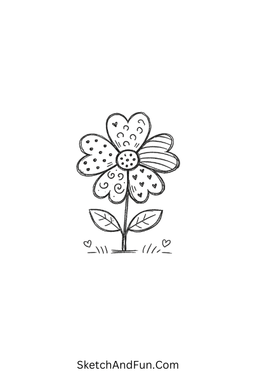 Heart-shaped floral petals with cute dotted textures, Cute zentangle flower doodles