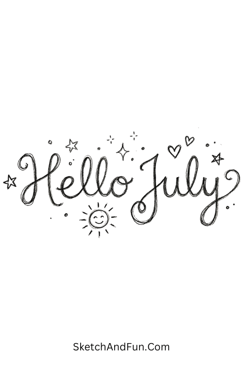 “Hello July” cursive lettering with stars and sun accents, July bullet journal doodles