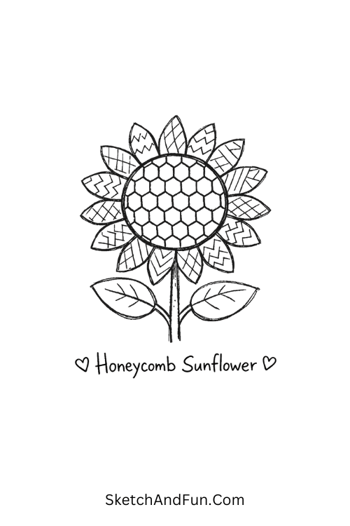 Bold sunflower with honeycomb center and patterned petals, Zentangle flower pattern ideas