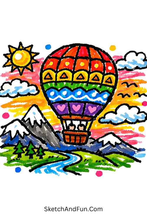 Hot air balloon floating above clouds and mountains, Posca marker drawing tutorial