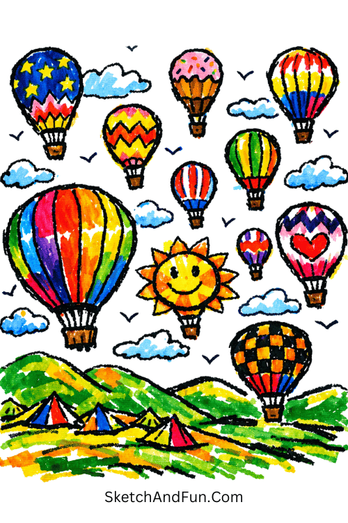 Colorful hot air balloons floating over rolling green hills, easy marker drawings for art class
