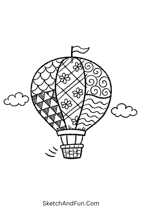 Hot air balloon with decorative patterned sections, Zentangle drawing ideas
