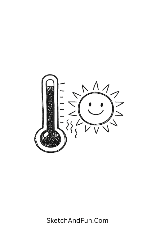 Hot sun beside filled thermometer heat scale, July themed drawings