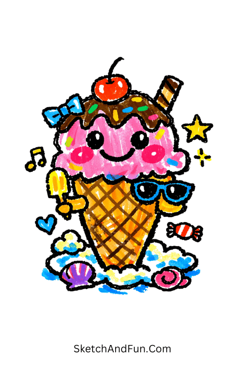 Cute ice cream cone character with smile and sprinkles, Easy Posca drawings