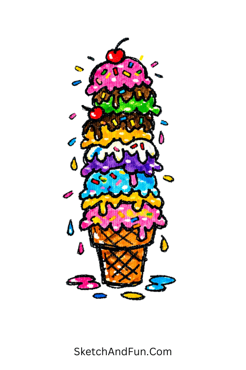 Ice cream stack with sprinkles, drips, and sweet colors, acrylic marker sketch ideas