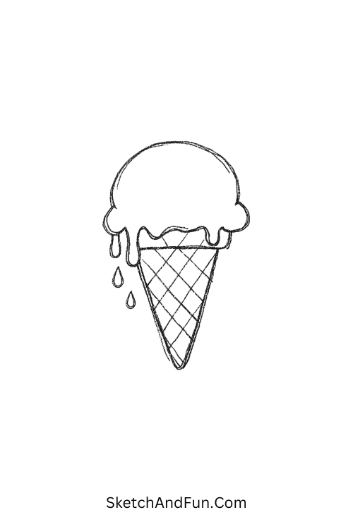Cute melting ice cream cone with dripping scoop, Cute July drawings