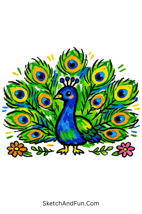 Colorful peacock feathers with glowing eye spots and rich detail, acrylic marker drawing ideas