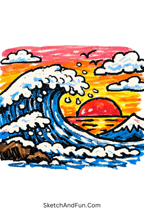 Ocean wave with foam and sunset tones in Japanese style, Posca sketchbook ideas