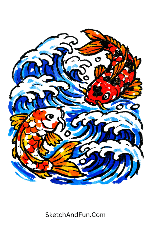 Koi fish moving through strong ocean waves in bold flowing style, easy art marker drawing ideas