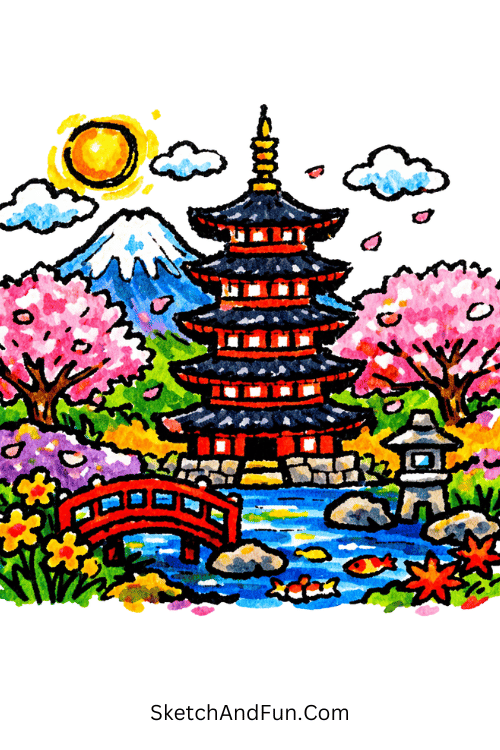 Japanese pagoda with cherry blossoms and peaceful scenery, acrylic marker drawing aesthetic