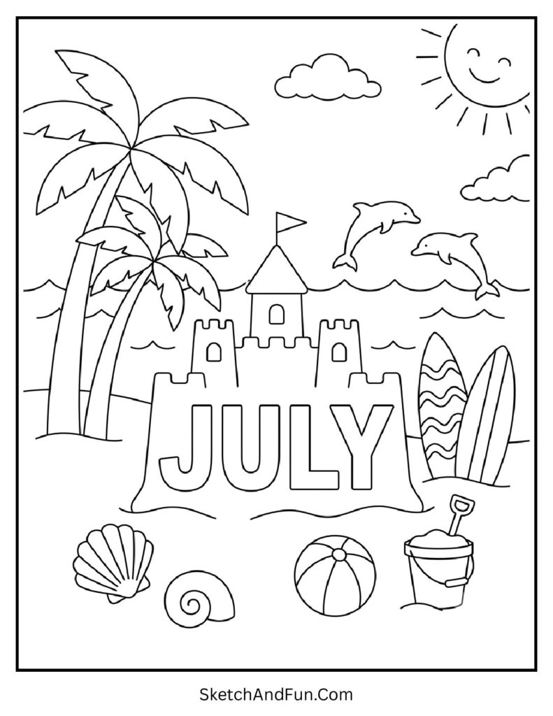 July Beach Day Coloring Page pdf