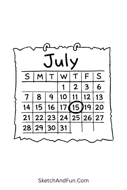 Torn July calendar page with marked date, July calendar doodles