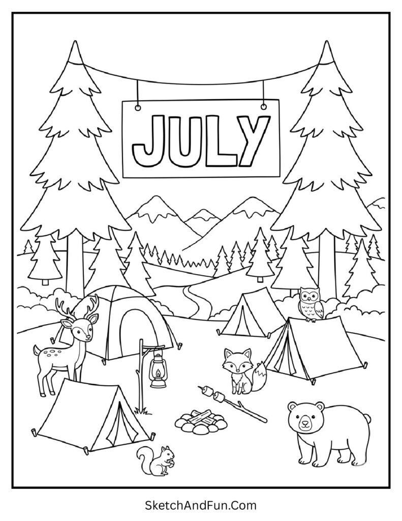 July Camping Adventure Coloring Page pdf