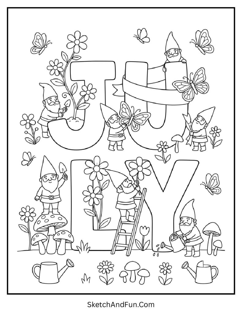 July Garden Gnomes Coloring Page pdf