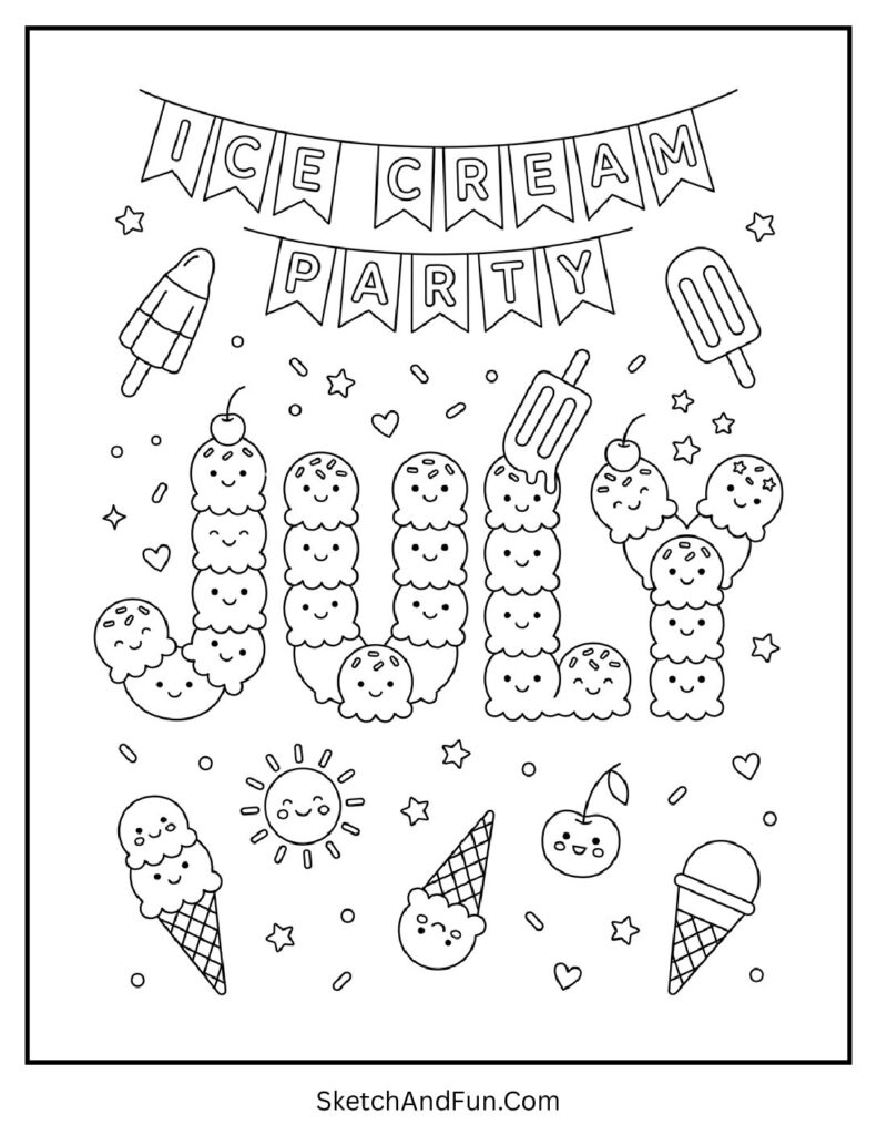 July Ice Cream Party Coloring Page pdf