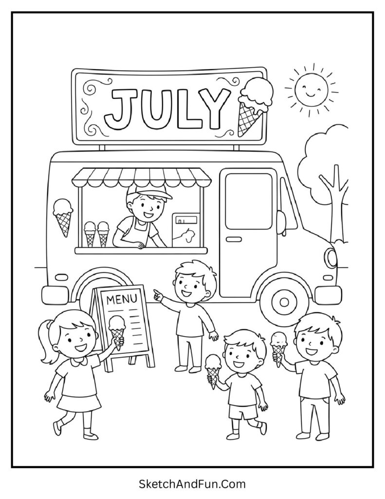 July Ice Cream Truck Coloring Page pdf