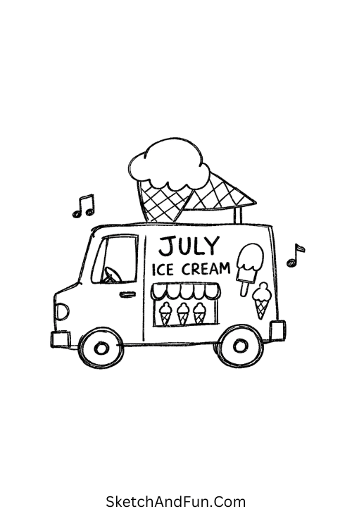 Ice cream truck with cone sign on roof, July coloring drawing ideas