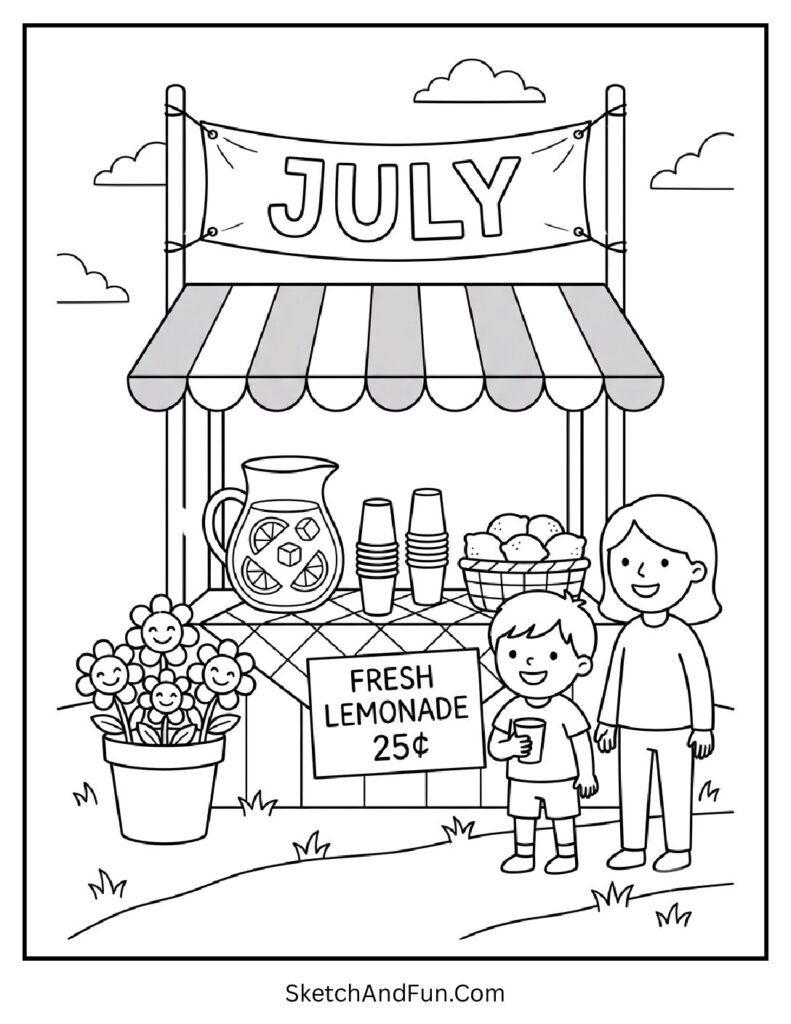 July Lemonade Stand Coloring Page pdf