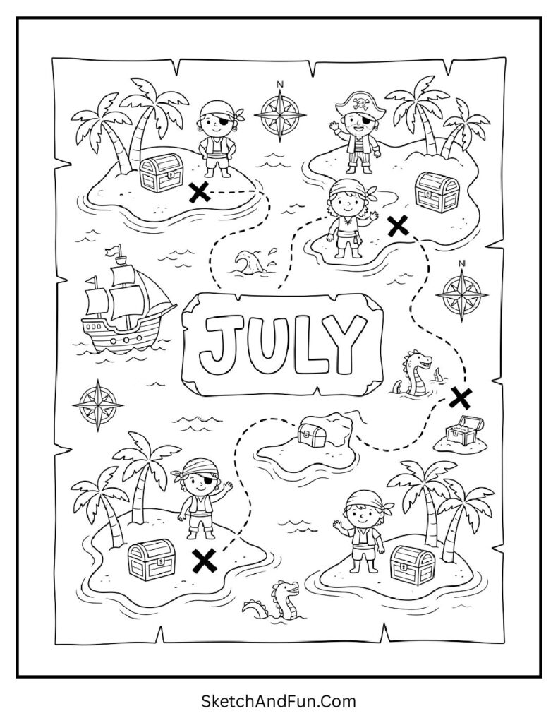 July Pirate Treasure Hunt Coloring Page pdf