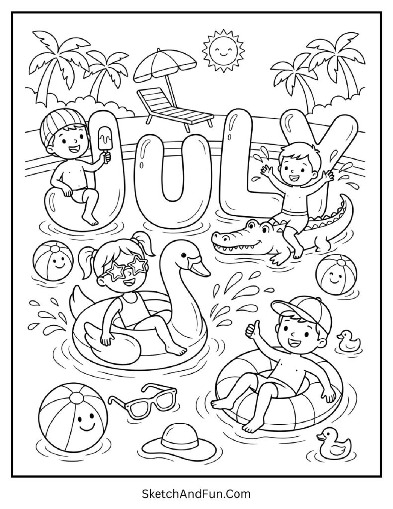 July Pool Party Fun Coloring Page pdf