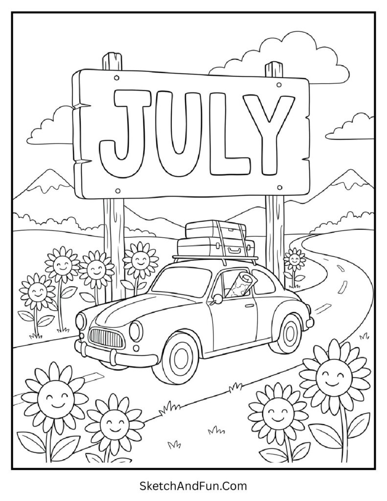 July Summer Road Trip Coloring Page pdf