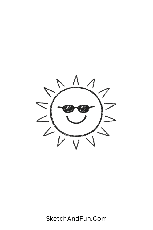 Soft smiling sun wearing sunglasses, July sunshine drawing