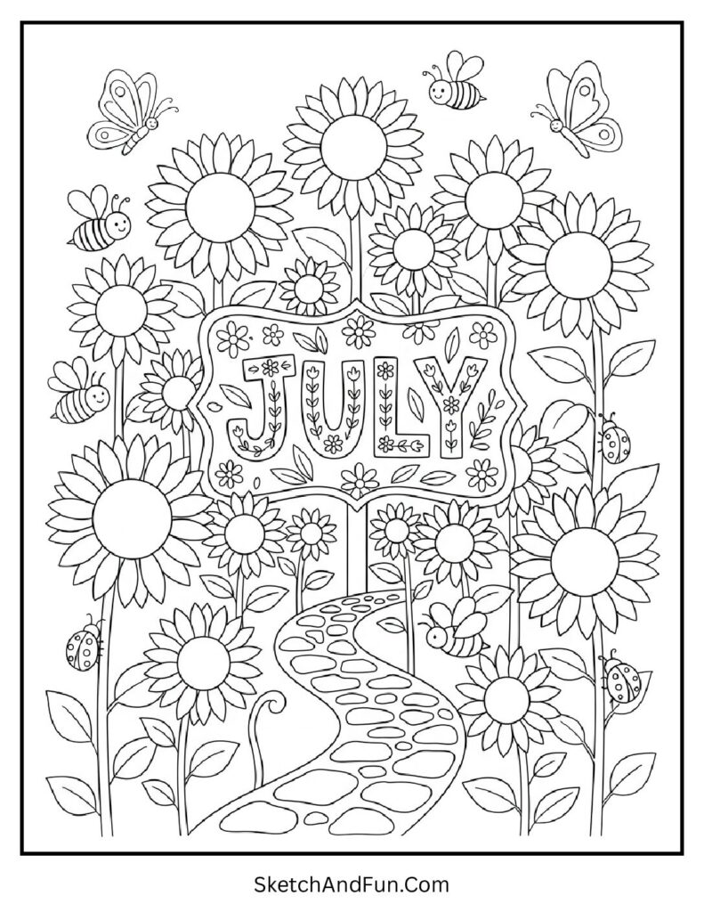 July Sunflower Garden Coloring Page pdf