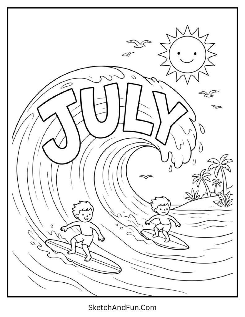 July Surfing Adventure Coloring Page pdf